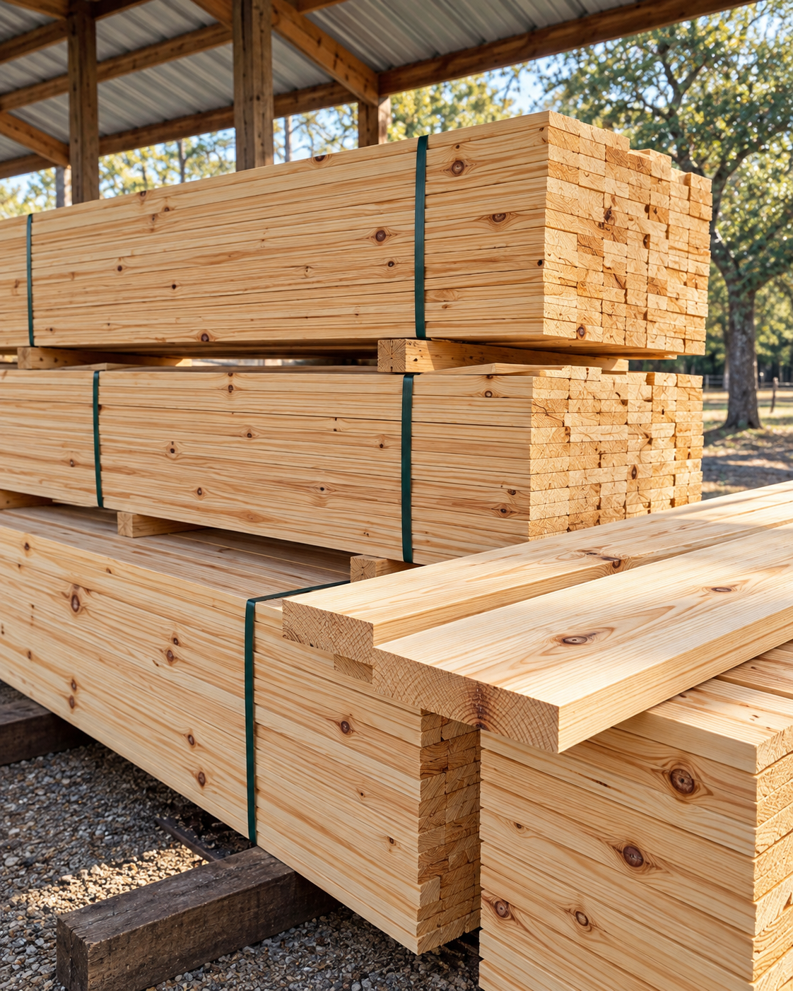 Illustration of warm pine lumber stacked beneath an open timber shed